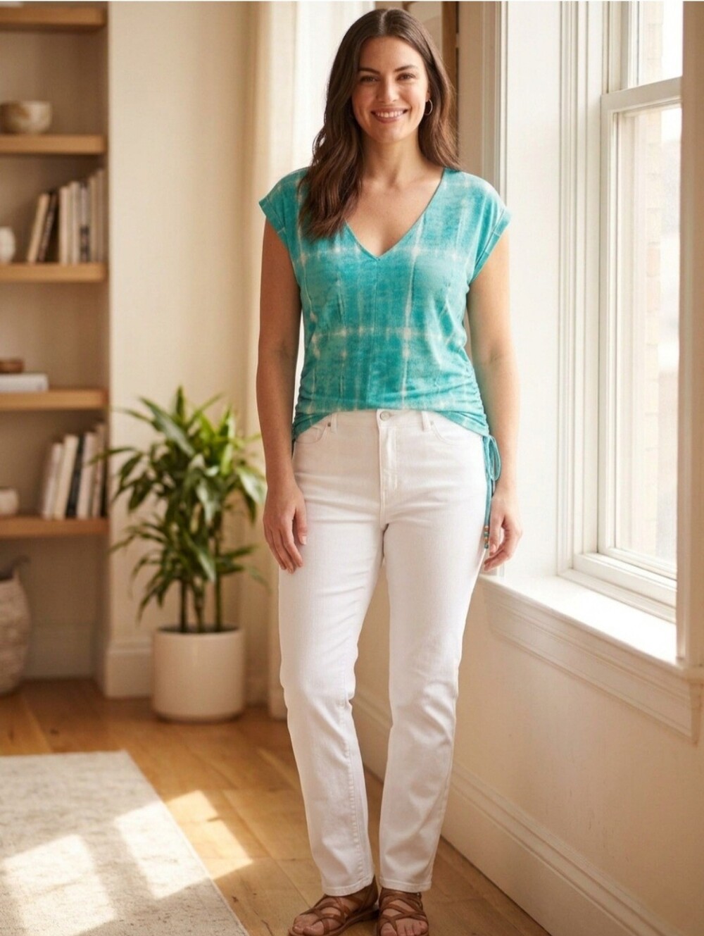 INC International Concepts Turquoise and White Tie-Dye V-Neck Tunic L